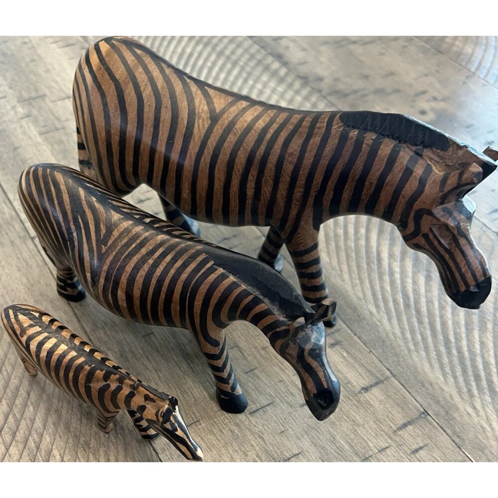 Handmade Wooden Zebra Figurines Set of 3 Collectible Animal Sculptures